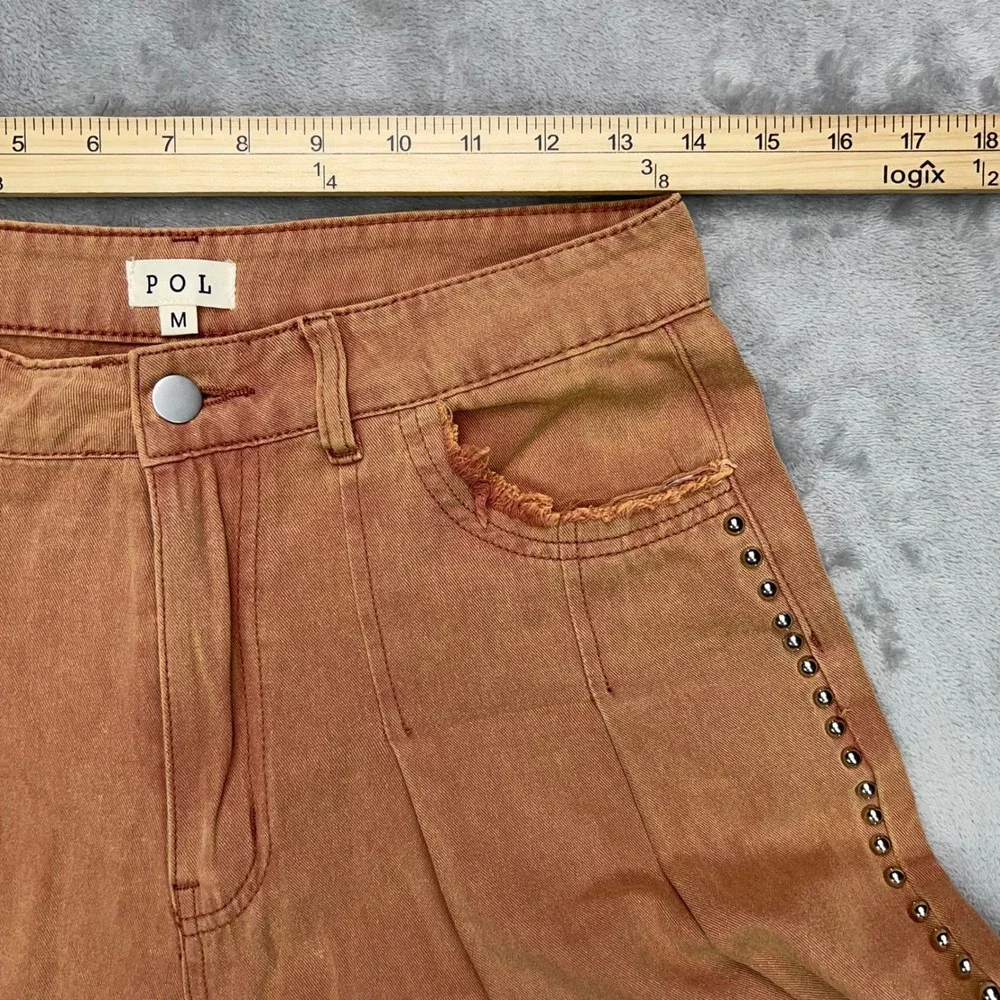 POL Wide Leg Pants Womens Medium Rust Gold Studded Split Hem Raw Edge Boho Jeans